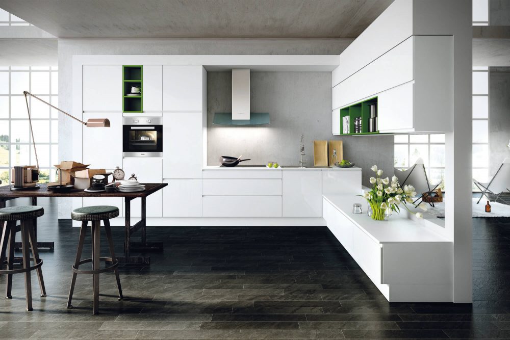 German kitchen in crystal white high gloss with handleless kitchen units