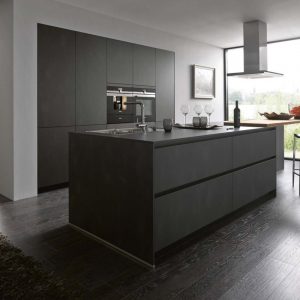 German kitchen with island in dark steel reproduction