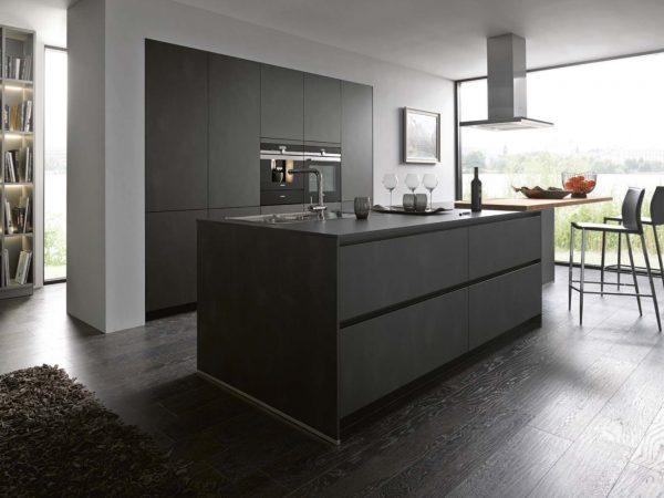 German kitchen with island in dark steel reproduction