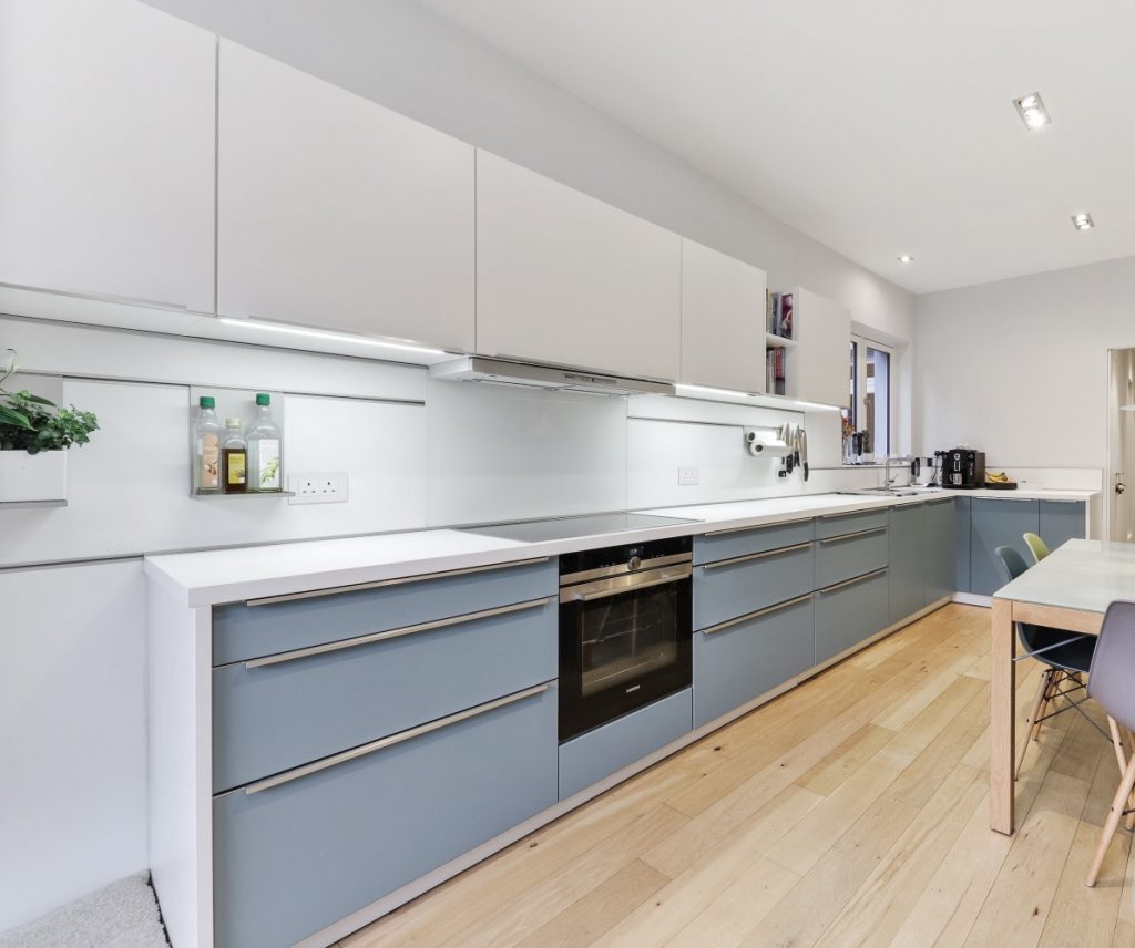 A blue German kitchen in a Victorian terraced house