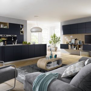 German kitchen with island in Indigo Blue Satin Lacquer with handleless kitchen units