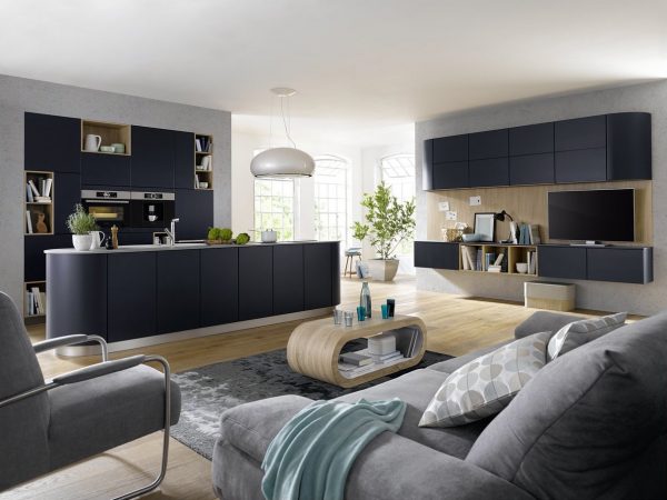 German kitchen with island in Indigo Blue Satin Lacquer with handleless kitchen units