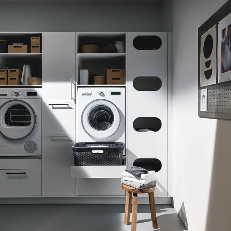 Laundry cupboards, washing machine and dryer