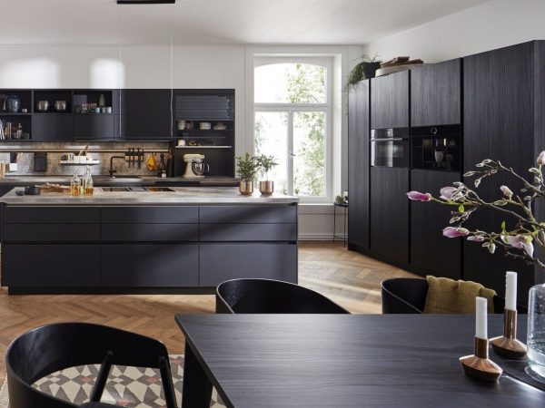 German kitchen with island in Onyx Black Matt with handleless kitchen units