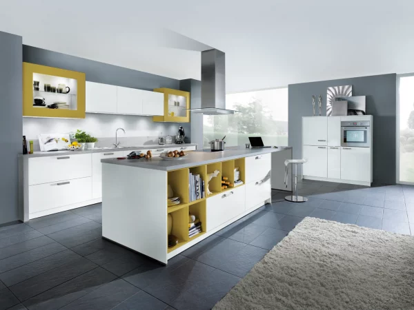 German kitchen with white cupboards and cooking island